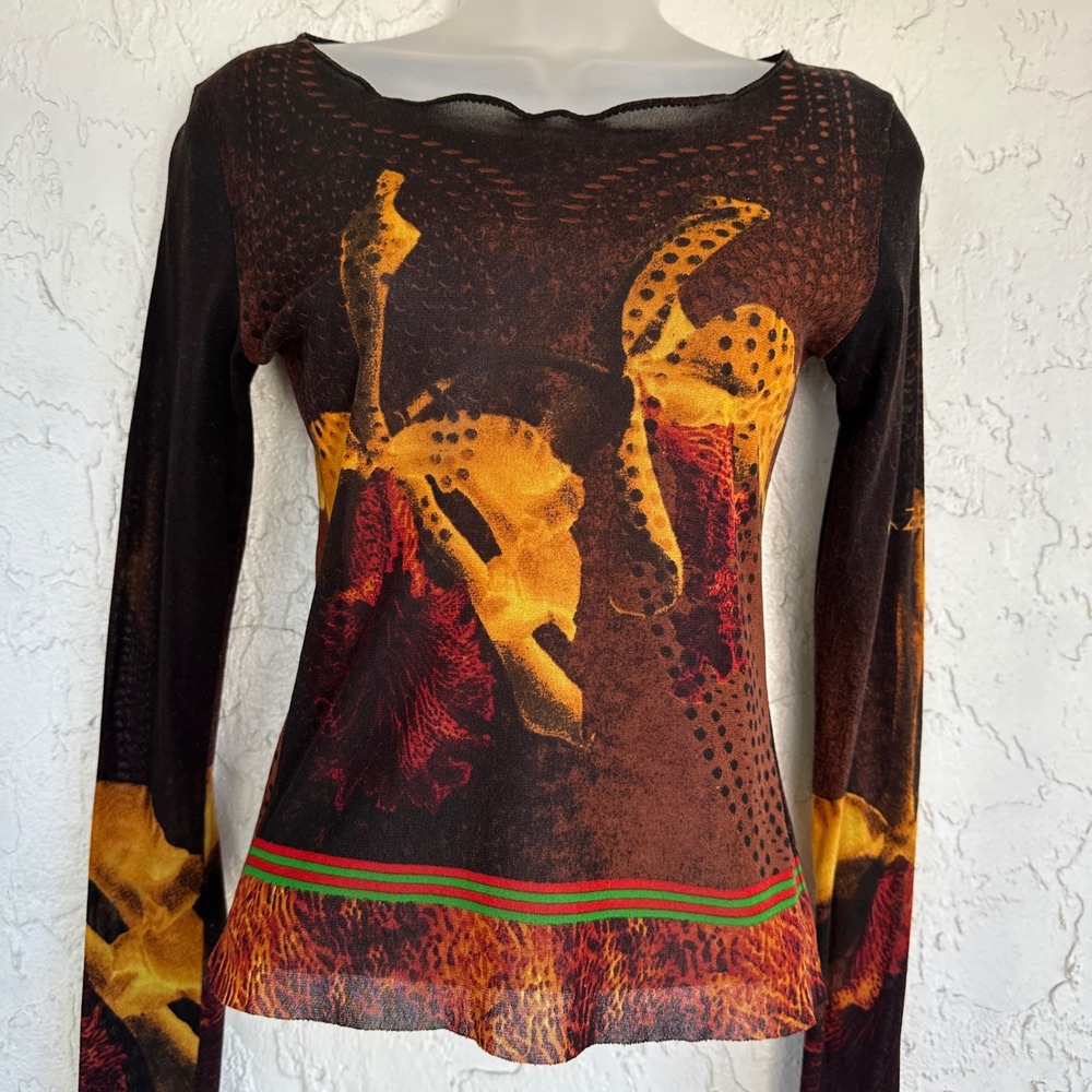IPSE Sheer Mesh Long Sleeve Y2K Top Women Medium Abstract Floral Animal Artsy - Picture 2 of 6